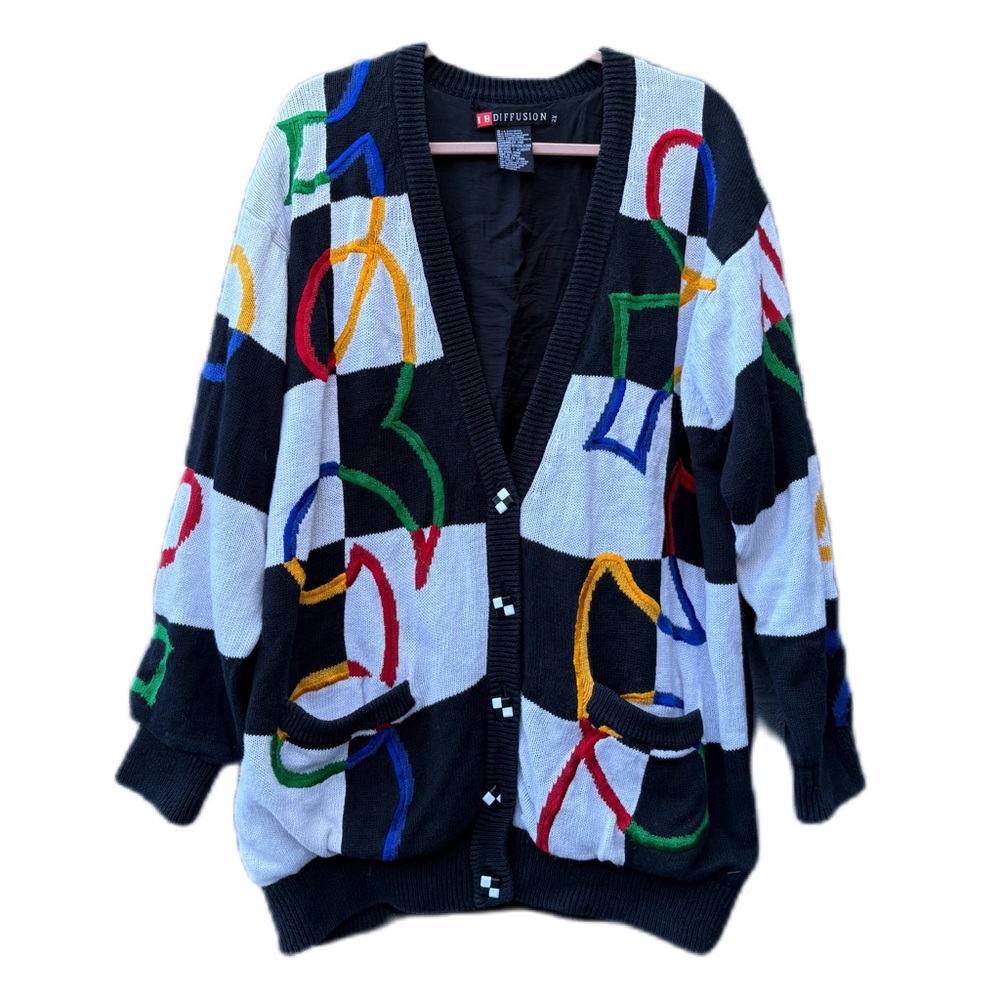 Rare Vintage I.B. Diffusion Colorful Checkered Abstract Button Cardigan Sweater